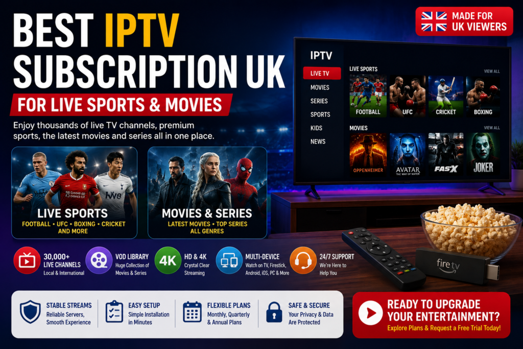 Best IPTV Subscription UK for Live Sports & Movies – 2026 Guide Finding the best IPTV subscription in the UK is harder than it should be. Almost every provider promises thousands of channels, live sports, movies, TV series and 4K streaming—but those promises don't always tell you what the actual viewing experience will be like when you're trying to watch a big football match or relax with a movie on a Friday night. A good IPTV subscription should offer more than an impressive channel number. Reliability, device compatibility, content organisation, video quality, customer support and overall value all matter. This guide explains what UK viewers should look for when choosing an IPTV subscription for live sports, movies and entertainment in 2026. If you're looking for an all-in-one option, Sky Glass IPTV Store combines live TV, sports, movies and TV series across a wide range of compatible devices. What Makes an IPTV Subscription Worth Paying For? The best IPTV subscription isn't necessarily the one advertising the most channels or the lowest price. A good service should provide a complete viewing experience that works reliably on the devices you actually use. Before subscribing, UK viewers should look at several important factors. Reliable Streaming Performance Reliable performance is one of the most important things to consider when choosing an IPTV service. A huge channel library is not particularly useful if streams constantly buffer during peak viewing hours. This becomes especially important when watching live sports, where interruptions during a football match, boxing event or other live programme can quickly ruin the experience. A reliable IPTV service should aim to provide: Stable streams Fast channel loading Consistent performance during busy hours Good organisation within the player Responsive support when problems occur Your own internet connection and device also play an important role. A weak Wi-Fi signal, older streaming device or overloaded home network can cause problems even when the IPTV service itself is functioning normally. Where available, testing a service before committing to a longer subscription can be a practical way to check compatibility and performance. Live Sports Coverage For many UK viewers, live sport is one of the main reasons for choosing an IPTV subscription. Depending on the service and authorised content availability, viewers may look for access to categories covering: Football Premier League Champions League Europa League International football Major tournaments UFC Boxing Cricket Basketball American football Other international sports The best IPTV experience for sports is not simply about having a large sports category. Stream consistency, picture quality and easy navigation also matter. Sports availability can vary depending on the service, location and applicable content rights, so viewers should always check what is included and make sure they access content they are authorised to watch. Movies and TV Series A good IPTV subscription can also bring live television and on-demand entertainment together in one place. For viewers who watch more than live TV, a strong VOD library can include: Movies TV series Action films Drama Comedy Documentaries Family entertainment Children's content International programmes The quality of the browsing experience matters here too. Categories, search features and favourites can make a large content library much easier to use. Device Compatibility Before buying an IPTV subscription, check whether it works with the devices already in your home. Popular IPTV-compatible devices include: Amazon Firestick Smart TVs Android TV Google TV Android phones and tablets iPhone and iPad Windows PCs Mac computers Dedicated IPTV devices Before subscribing, it is worth reviewing the Installation Guide to understand how the setup process works on your preferred device. Best IPTV for Live Sports in the UK What Should Sports Fans Look for in an IPTV Subscription? Sports fans often have different priorities from viewers who mainly watch movies or entertainment channels. If live sport is important to you, the first thing to consider is whether the service provides the sports categories and programming that match your viewing interests. The second is whether the service performs consistently during periods of high demand. Football and Major Sporting Events Football remains one of the biggest reasons UK viewers compare IPTV subscriptions. Many viewers want a convenient way to follow the competitions and teams they care about, including domestic football, European competitions and international tournaments. However, a good sports streaming experience depends on more than content availability. You should also consider: How quickly channels load How easy the sports section is to navigate Whether an EPG is available Picture quality Device performance Internet connection stability If football is your main interest, you can also explore the Watch Premier League Live with IPTV guide for more information about setting up a suitable streaming experience. Why Stream Stability Matters for Sports Live sport places different demands on streaming compared with on-demand content. When watching a movie, a streaming app can sometimes build a buffer in advance. Live television has less flexibility because the programme is happening in real time. A sudden drop in connection quality can therefore be more noticeable. For the best experience: Use a stable broadband connection Keep your streaming device close to a strong Wi-Fi signal where possible Consider Ethernet for fixed devices Close unnecessary downloads during major events Use a capable IPTV player Test your connection before important live events A reliable provider is important, but your home setup also contributes to the final experience. HD and 4K Sports Streaming Many viewers now look for HD or 4K quality when choosing an IPTV subscription. Higher resolutions can provide more detail, especially on larger TVs. However, 4K streaming also requires more bandwidth and a capable device. As a general guide, many households aim for: Around 10 Mbps or more for stable HD streaming Around 25 Mbps or more for higher-resolution streams such as 4K Actual requirements can vary depending on the stream, device, network conditions and other activity on your connection. Is IPTV a Good Choice for Movies and TV Series? For viewers who want more than live channels, IPTV can combine live television with a large library of movies and TV series. Instead of switching between multiple entertainment apps, some viewers prefer having live channels, movies and series available through one compatible IPTV player. Large VOD Libraries A strong VOD library gives viewers more flexibility over what and when they watch. Rather than waiting for a scheduled programme, users can browse available content categories and select something on demand. Depending on the service, categories may include: Hollywood films British programmes International movies Drama series Crime series Comedy Action Family entertainment Children's programming The actual size of a library is useful, but content organisation is equally important. A library containing thousands of titles should still be easy to search and browse. Catch-Up TV and EPG Features Useful IPTV features can make a major difference to everyday viewing. An Electronic Programme Guide, commonly called an EPG, helps viewers see: Current programmes Upcoming programmes Channel schedules Programme categories Some services and channels may also support catch-up functionality, depending on availability. These features can make IPTV feel closer to a traditional television experience while offering more flexibility across different devices. Watch Across Multiple Devices One of the biggest advantages of using an internet-based TV service is device flexibility. You may watch on a TV in the living room, then use a laptop or mobile device elsewhere when supported by your subscription. For example: Watch live TV on a Smart TV Use a Firestick in the bedroom Browse content on an Android phone Watch from a Windows laptop while travelling or working from home If you prefer using a computer, see How to Use IPTV on a PC or Laptop – Windows & Mac Guide for detailed setup information. Why Choose Sky Glass IPTV Store? Sky Glass IPTV Store is designed for viewers who want live television, sports, movies and entertainment in one subscription. Rather than focusing only on one type of content, the service is positioned as a complete entertainment solution for users across multiple devices. Depending on the selected plan and current service availability, Sky Glass IPTV Store offers features including: 30,000+ live channels A large VOD library Movies and TV series Sports and entertainment categories HD and 4K streaming options where available Catch-up features where supported Electronic Programme Guide access Multi-device compatibility Customer support Free trial availability where offered The value of a service like Sky Glass IPTV Store is not simply the number of channels available. The overall experience also depends on how easily you can find content, set up your device and get support if you need help. If you're ready to explore available options, visit the Sky Glass IPTV Store Home Page to learn more about the service. You can also visit the Buy IPTV Subscription page to review available subscription options and choose a plan that suits your viewing needs. New users should also review the Installation Guide before setting up their preferred device. What Should You Expect to Pay for IPTV in the UK? IPTV pricing can vary significantly depending on the subscription length, features, connection limits and service infrastructure. The cheapest option is not always the best value, and the most expensive option does not automatically provide the best experience. Subscription Length Most IPTV services offer different subscription periods, such as: 1 month 3 months 6 months 12 months Longer subscriptions often reduce the effective monthly price. For example, a monthly subscription can be useful for viewers who want maximum flexibility, while a longer subscription may offer better value for someone who already knows they want to use the service regularly. What Are You Actually Paying For? Behind every IPTV service is infrastructure that supports the viewing experience. Depending on the provider, this may include: Streaming infrastructure Server management Platform maintenance App compatibility Customer support Content organisation Technical troubleshooting These factors can affect overall reliability and user experience. Why the Cheapest Option Isn't Always Best A very low price can look attractive, especially when multiple providers appear to offer similar channel counts. However, viewers should also consider: Service reliability Customer support Compatibility Subscription terms Setup assistance Long-term service consistency The goal should be finding a service that offers good overall value rather than simply choosing the lowest number on the page. For a more detailed breakdown of subscription pricing, see How Much Does IPTV Cost in the UK? – Full Price Guide 2026. Best Devices for Watching IPTV The best IPTV device depends on your home setup and personal preferences. Amazon Firestick Amazon Firestick remains a popular choice because it can turn a compatible TV into a flexible streaming setup. Advantages include: Compact design Remote control navigation Easy portability App-based streaming Suitable for many home TVs For detailed player setup instructions, see How to Install IPTV Smarters Pro. Smart TVs Many viewers prefer watching IPTV directly on their television. Depending on compatibility, this can include: Samsung Smart TVs LG Smart TVs Android TVs Google TVs Other compatible platforms Smart TVs provide a convenient living-room experience without necessarily needing a separate computer. Smartphones and Tablets Mobile devices are useful for viewers who want flexibility. You can potentially use: Android phones Android tablets iPhone iPad A mobile device can be useful for travelling, testing a service or watching away from the main television. Windows and Mac Computers Computers provide another simple way to watch IPTV. They can be particularly useful for: Students Shared accommodation Home offices Secondary screens Testing an IPTV trial Travelling For complete setup instructions, see How to Use IPTV on a PC or Laptop – Windows & Mac Guide. MAG Boxes and Dedicated IPTV Devices Dedicated IPTV boxes remain popular with viewers who prefer a traditional TV-style setup. MAG devices can provide a focused streaming interface designed around television viewing. If you use this type of device, see How to Set Up IPTV on MAG Box – Complete UK Guide for detailed instructions. 8 Things to Check Before You Subscribe Choosing the best IPTV subscription becomes much easier when you know what to compare. 1. Check Device Compatibility Start with the devices you already own. Make sure the service can work with your: Firestick Smart TV Android device iPhone or iPad PC Mac Dedicated IPTV box There's little value in buying a subscription before confirming that your preferred setup is supported. 2. Look at Sports and Entertainment Categories Think about what you actually watch. A sports fan may care most about football and other live events, while another viewer may prioritise movies, TV series or international entertainment. Choose based on your real viewing habits. 3. Check Video Quality Look for clear information about available streaming quality. Depending on the content and device, this may include: SD HD Full HD 4K Remember that your internet speed and device performance can affect the quality you actually receive. 4. Check the Number of Simultaneous Connections This is important for households with multiple viewers. Some subscriptions may support only one active stream at a time, while others may offer additional connections. Check the subscription details before assuming multiple devices can stream simultaneously. 5. Check the EPG and User Experience A good Electronic Programme Guide can make a huge channel library easier to use. Look for: Clear categories Search functionality Favourites Programme information Easy navigation When thousands of channels are available, good organisation becomes especially important. 6. Look for a Trial Option A free or short trial can help you test: Device compatibility Stream loading Channel organisation Video quality Player app performance Your home internet connection Testing a service yourself can provide more useful information than relying only on advertising claims. 7. Check Customer Reviews Customer feedback can provide useful insight into the overall user experience. Look for information about: Setup experience Support Device compatibility Stream reliability General satisfaction You can explore the Reviews Store page to see customer feedback related to Sky Glass IPTV Store. 8. Check Installation Support The setup process should be clear, especially for users who are new to IPTV. A good provider should make it easy to understand: Which app to install How to enter credentials How to load channels How to solve common setup problems The Installation Guide can help new users understand the general setup process across compatible devices. Mistakes People Make When Buying an IPTV Subscription Choosing Based Only on Channel Numbers A service advertising an enormous channel number can sound impressive, but numbers alone don't tell the full story. A better question is whether the channels are: Well organised Relevant to your interests Easy to find Available through a usable interface Quality of experience matters as much as quantity. Choosing the Cheapest Provider Without Testing Price is important, but extremely cheap options can sometimes involve compromises. Before committing, consider testing: Stream performance Customer support App compatibility Device setup The best value is often a service that balances affordability with reliability. Ignoring Device Compatibility Some users purchase a subscription and only then discover that they need a different app or setup process for their device. Checking compatibility first can save time and frustration. Not Checking Support Options Even simple IPTV setups can occasionally require help. You may need assistance with: Login credentials Player installation Device compatibility Network troubleshooting Support availability should therefore be part of your buying decision. Assuming Every Buffering Problem Has the Same Cause Buffering can happen for several reasons, including: Slow broadband Weak Wi-Fi Network congestion An older device Player app issues Provider infrastructure The best solution depends on identifying the actual cause. For more troubleshooting help, see IPTV Not Working? Here's How to Fix the Most Common Problems. Should You Test an IPTV Service Before Subscribing? If a trial is available, testing the service before committing to a longer subscription can be useful. A short test allows you to check how the service performs with your specific combination of: Internet connection Device IPTV player Home network During a trial, try testing: Several live channels Different content categories Movies and VOD EPG functionality Channel loading speed Device navigation Testing during the time you normally watch television can also provide a more realistic picture of your experience. If you're considering Sky Glass IPTV Store, visit the Sky Glass IPTV Store Home Page or the Buy IPTV Subscription page to explore current subscription and trial options. Want to Sell IPTV Instead of Just Using It? Some readers may be interested in the business side of IPTV rather than simply choosing a subscription for personal use. An IPTV reseller model can involve managing customer accounts, subscription packages and client relationships through a reseller management system. This option may appeal to people interested in building a digital subscription business, but it requires understanding the platform, customer support responsibilities and applicable legal and commercial requirements. If you're interested in learning more about the business side, visit the IPTV Reseller Panel page for information about reseller opportunities and account management. Best IPTV Subscription UK – Frequently Asked Questions What is the best IPTV subscription in the UK? The best IPTV subscription depends on your personal viewing needs. A good choice should offer reliable streaming, compatible device support, useful content categories, an easy-to-use interface, clear subscription options and responsive customer support. Rather than choosing based only on channel numbers or price, compare the overall viewing experience. What IPTV is best for live sports? Sports viewers should prioritise reliable streaming performance, compatible devices, easy navigation and access to the sports content relevant to them. A stable internet connection and capable streaming device are also important for a smooth experience. Can I watch movies and TV series with IPTV? Many IPTV services include both live television and VOD content. Depending on the subscription, this can include movies, TV series and other on-demand entertainment alongside live channels. What internet speed do I need for IPTV? Around 10 Mbps is commonly used as a practical starting point for HD streaming, while 25 Mbps or more may be preferable for higher-resolution content such as 4K. Actual requirements can vary based on the stream, device and other network activity. Can I use IPTV on Firestick? Yes, compatible IPTV services can be used with Firestick through supported player apps and installation methods. Review the Installation Guide or How to Install IPTV Smarters Pro for device-specific instructions. Can I watch IPTV on multiple devices? This depends on your subscription and the number of simultaneous connections included with your plan. Always check whether your subscription allows multiple streams at the same time. Should I choose a monthly or yearly IPTV subscription? A monthly subscription offers more flexibility, while longer plans may provide a lower effective monthly cost. The best option depends on whether you want to test the service first or already know that you plan to use it long term. Is a free IPTV trial useful? Yes. Where available, a trial can help you test compatibility, stream performance, navigation and your overall experience before choosing a longer subscription.