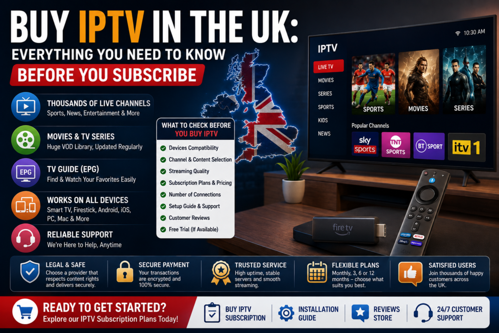 Buy IPTV in the UK Everything You Need to Know Before You Subscribe Buying IPTV in the UK can be confusing. There are hundreds of providers, dramatically different prices, huge promises about channels and streaming quality, and subscription plans that range from one month to a full year. The important question isn't simply, What's the cheapest IPTV subscription The better question is what are you actually getting for your money, and does the service fit the way you watch TV This guide explains everything you should know before buying IPTV in the UK, including how IPTV subscriptions work, what to check before subscribing, device compatibility, pricing, setup, free trials, and how to choose a provider that suits your needs. If you're exploring available options, you can also visit the Sky Glass IPTV Store homepage to review the service and available plans. What Does It Mean to Buy an IPTV Subscription IPTV stands for Internet Protocol Television. Instead of receiving television through a traditional satellite dish or cable connection, IPTV delivers television content through an internet connection. When you buy an IPTV subscription, you will typically receive login information that allows you to connect a compatible IPTV player or app to the service. Depending on the provider and subscription, this may include access to live TV, movies, TV series, programme guides and other streaming features. The login information may be provided in different formats. Two common options are Xtream Codes login details An M3U playlist URL Xtream Codes usually include a server URL, username and password. An M3U playlist is a link that contains information used by a compatible IPTV player to load available channels or content. If you're new to this side of IPTV, our guide What Is M3U Playlist and How to Use It for IPTV in the UK can help explain how M3U playlists work and how they are used with compatible IPTV players. It's important to understand that IPTV is a delivery technology. The channels, content, features and availability offered by a service depend on the individual provider and applicable rights. Before subscribing, always review the current package information and make sure the service meets your viewing requirements. 8 Things to Check Before Buying IPTV in the UK Choosing an IPTV provider involves more than comparing the number of channels advertised on a website. A service might look impressive on paper but still be unsuitable for your devices, internet connection or viewing habits. Here are the most important things to check before you buy IPTV in the UK. 1. Check What Devices the Service Supports The first thing to check is whether the IPTV service works on the devices you actually use. Popular IPTV devices include Amazon Firestick Fire TV Samsung Smart TVs LG Smart TVs Android TV Google TV Android phones and tablets iPhone and iPad Windows PCs MacBooks A service might support several devices, but the installation process can vary depending on the platform. For example, the app you use on a Firestick may be different from the app used on an LG Smart TV or Windows laptop. Before buying a subscription, make sure you know Which device you want to use Which IPTV player is compatible with that device Whether the provider supports your preferred connection method Whether setup instructions are available If you're unsure how to install IPTV on your device, the Installation Guide is a useful place to start. It can help you understand the basic setup process before choosing a subscription. 2. Check the Available Content and Features The next step is looking beyond the headline channel number. Different IPTV subscriptions may include different combinations of Live television Entertainment channels Sports programming Movies TV series Video-on-demand content Electronic Programme Guides Catch-up TV features The most important thing is to check whether the service includes the types of content you actually want to watch. For example, someone primarily interested in live football may have very different requirements from someone who mainly watches movies and TV series. A household with children may also prioritise different content categories. Don't assume that every service offering a large number of channels automatically includes every channel, event or programme you want. Check the current service information before subscribing. 3. Look at Streaming Quality Streaming quality is another important consideration when buying IPTV. Common streaming resolutions include Standard Definition HD Full HD 4K However, the quality you experience at home depends on more than the resolution advertised by a provider. Streaming performance can be affected by Your internet connection Wi-Fi signal strength Device performance The IPTV player you're using Network congestion Provider infrastructure For example, a modern streaming device connected through a strong wired connection may perform differently from an older device connected to weak Wi-Fi in another room. If you're planning to watch higher-resolution content, make sure your device and internet connection are suitable. Testing the service on your normal home network before committing to a longer subscription can also be helpful where a trial is available. 4. Check Subscription Length and Pricing IPTV subscriptions are commonly offered in several different durations. Typical options may include 1 month 3 months 6 months 12 months A longer subscription often has a lower effective monthly cost. However, a lower monthly price doesn't automatically mean a plan is the best choice for every customer. Before comparing prices, look at Total price Subscription length Effective monthly cost Included features Number of connections Device compatibility Support options If you want a more detailed breakdown of pricing, you can also read How Much Does IPTV Cost in the UK — Full Price Guide 2026. The best approach is to compare value rather than simply choosing the lowest advertised number. 5. Check How Many Devices or Connections Are Included This is something many first-time IPTV buyers misunderstand. There is an important difference between Installing IPTV on multiple devices and Watching IPTV on multiple devices at the same time. Some subscriptions may allow you to install the service on several devices but limit the number of simultaneous streams. This matters for households where multiple people may want to watch different content at the same time. Before subscribing, check How many simultaneous connections are included Whether additional connections are available Whether the subscription can be used across different device types For example, you might want IPTV on The living room TV A bedroom Firestick A laptop A phone Make sure the subscription structure matches how your household actually watches television. 6. Look for Clear Setup Instructions A good IPTV experience starts with a straightforward setup process. Before buying, check whether the provider offers Device installation guides App recommendations Login instructions Troubleshooting help Customer support This is particularly important if you're new to IPTV. The Installation Guide should be one of the first resources you check when comparing services. Knowing that there are clear instructions for your Firestick, Smart TV, phone or computer can make the setup process much easier. 7. Check Customer Support Technical issues can happen with any internet-based service. That's why support matters. Before subscribing, look for information about Available contact methods Setup assistance Troubleshooting help Response expectations Support resources Good documentation can often solve simple problems without needing to contact anyone. For more complicated issues, accessible customer support can make a significant difference. It's also useful to check whether the provider has detailed help articles. Guides covering topics such as app installation, login problems and connection troubleshooting can be valuable for new users. 8. Read Customer Reviews Customer reviews can provide useful insight into a service before you buy. Look for feedback about Setup experience Device compatibility Customer service Ease of use General satisfaction Reviews shouldn't be the only factor in your decision, but they can help you understand what existing customers have experienced. Before making a purchase, you can explore the Reviews Store page to see customer feedback and learn more about user experiences with the service. How Much Should You Expect to Pay for IPTV in the UK IPTV pricing can vary significantly depending on the provider and subscription. The final cost may depend on Subscription duration Number of simultaneous connections Available features Content library Device support Customer service Server infrastructure The best way to compare IPTV prices is to calculate the effective monthly cost rather than looking only at the headline price. For example, a one-month subscription may cost more per month than a 12-month subscription. However, a shorter plan may make more sense for someone who is trying IPTV for the first time or testing whether it works well with their device. A longer subscription may offer better value if you've already tested the service and are comfortable with the setup. For a detailed comparison of IPTV pricing structures, read How Much Does IPTV Cost in the UK — Full Price Guide 2026. When comparing providers, remember to ask What is included How long is the subscription How many connections are included What devices can I use Is support available Is there a trial or short-term option Price matters, but overall value is usually more important. Should You Buy Monthly or Yearly IPTV Choosing between a monthly and yearly IPTV subscription depends on how confident you are in the service and how you plan to use it. Monthly IPTV Plans Monthly subscriptions are often a good starting point for new users. They can be useful if you Have never used IPTV before Want to test compatibility Are unsure which device you prefer Want more flexibility Don't want to commit to a long subscription immediately The main disadvantage is that the effective monthly cost may be higher. However, the flexibility can make a short-term plan worthwhile for someone testing a new service. Longer IPTV Subscription Plans Longer subscriptions may include 3-month plans 6-month plans 12-month plans The main benefit is usually a lower effective monthly cost. A longer plan may make sense if You've already tested the service It works well on your devices Your internet connection is suitable You're happy with the available features You're comfortable with the provider The downside is the larger upfront commitment. For this reason, many users prefer to test a service before choosing a longer plan. You can review the currently available options on the Buy IPTV Subscription page and compare the subscription lengths that best match your viewing needs. Should You Use an IPTV Free Trial Before Subscribing If a provider offers a free trial, it can be a useful way to test the service before purchasing a longer subscription. A trial can help you evaluate Device compatibility App usability Channel organisation Streaming behaviour Your home internet connection For the most useful test, try the service under your normal viewing conditions. For example Test it during the evening Use the device you normally watch TV on Test your regular Wi-Fi connection Browse the categories you expect to use most often A trial may not predict every possible future streaming condition, but it can give you a better understanding of whether the setup works well for your home. If you're considering Sky Glass IPTV Store, check the current options available through the Buy IPTV Subscription page and review whether a trial is currently offered. What Devices Can You Use with IPTV in the UK One of IPTV's biggest advantages is device flexibility. Depending on the provider and app compatibility, IPTV can be used across many popular devices. IPTV for Firestick Amazon Firestick devices are popular for IPTV because they connect directly to a television and provide a simple remote-controlled interface. A typical setup involves Installing a compatible IPTV player Opening the app Entering your login details Loading the available channels Browsing content through the app The exact process can vary depending on the Firestick model and app. For step-by-step help, visit the Installation Guide. You can also read How to Install IPTV Smarters Pro — Complete Setup Guide for more detailed information about one popular IPTV player. IPTV for Smart TVs Many people prefer watching IPTV directly through their Smart TV. Popular platforms include Samsung Smart TV LG Smart TV Android TV Google TV The setup depends on the operating system and which compatible apps are available. Before buying a subscription, check whether your TV supports a suitable IPTV player. Some Smart TV platforms have more app options than others. If your TV has limited app support, an external device such as a Firestick or Android TV device may provide another option. IPTV on Phones and Tablets IPTV can also be used on mobile devices. Depending on compatibility, this may include Android phones Android tablets iPhone iPad Mobile devices can be useful for watching around the house or when using a supported internet connection away from your main TV setup. The setup process is usually straightforward install a compatible app, enter the provided credentials and allow the content to load. IPTV on Windows PCs and MacBooks You don't necessarily need a television to use IPTV. A Windows computer or Mac can also be used with compatible IPTV player applications. This can be particularly useful for Students Shared accommodation Secondary screens Home offices Testing a subscription before setting up a TV For a complete walkthrough, see How to Use IPTV on a PC or Laptop — Windows & Mac Guide. How to Set Up IPTV After You Subscribe The exact setup process depends on your provider and device, but the general process is usually straightforward. Step 1 Receive Your IPTV Login Details After subscribing, you may receive information such as Server URL Username Password M3U playlist URL Keep these details private and enter them exactly as provided. If something doesn't work, check for Typing errors Extra spaces Incorrect server addresses Expired login details Step 2 Choose a Compatible IPTV Player Your device will determine which app is most suitable. For example, different apps may be available for Firestick Android iPhone Smart TVs Windows Mac One commonly used option is IPTV Smarters Pro. For a complete installation walkthrough, see How to Install IPTV Smarters Pro — Complete Setup Guide. If you're unsure which player to use, check the provider's device instructions or the Installation Guide. Step 3 Enter Your Credentials Open the IPTV player and choose the appropriate login method. Depending on your subscription, this might involve Xtream Codes API M3U playlist URL Enter the details carefully. For Xtream Codes, this typically includes Server URL Username Password For an M3U setup, you may simply paste the provided playlist link into the appropriate field. Step 4 Allow Your Channel List to Load Once connected, the app may load different sections such as Live TV Movies Series Programme Guide Favourites Large channel lists can take some time to load depending on the app and device. Once everything has loaded, take a few minutes to explore the interface and mark your favourite channels for easier access later. Step 5 Start Watching After setup is complete, you can browse categories and choose available content. Before a major viewing session, it's a good idea to Check your internet connection Update your IPTV player Make sure your device has enough storage Restart the device if it has been running for a long time For device-specific instructions, visit the Installation Guide. Common Mistakes People Make When Buying IPTV First-time buyers often make a few avoidable mistakes. Knowing about them before subscribing can save time and frustration. Choosing Only Based on the Lowest Price The cheapest option isn't always the best value. When comparing IPTV subscriptions, consider Device support Features Setup guidance Customer support Connection limits Subscription flexibility A slightly more expensive service that works well with your devices and provides clear support may offer better value than the cheapest option available. Not Checking Device Compatibility Before purchasing, always confirm that the service can be used on your preferred device. Don't assume that Every IPTV app works on every Smart TV Every Firestick setup is identical Every subscription supports every login method Check compatibility first. The Installation Guide can help you understand which setup options may be available for your devices. Buying a Long Plan Without Testing A 12-month subscription may offer a lower monthly cost, but longer isn't always better for a first-time buyer. If possible, consider A trial A short-term plan Testing the service on your main device first Once you're comfortable with the setup and service, you can decide whether a longer subscription makes sense. Ignoring Setup Support Some users assume IPTV setup will be difficult and purchase a subscription without checking whether instructions are available. Before subscribing, look for Installation guides Device tutorials Troubleshooting articles App instructions Good setup information can make the process much easier. Expecting a VPN to Fix Every Streaming Problem A VPN can be useful for general online privacy and may affect how your internet traffic is routed, but it isn't a universal fix for IPTV problems. If you're experiencing buffering or connection issues, the cause could involve Wi-Fi signal Broadband connection Device performance IPTV app configuration Provider infrastructure Adding another layer to the connection doesn't automatically solve the underlying problem. For a balanced explanation, see VPN with IPTV — Does It Help or Hurt Streaming How to Choose the Right IPTV Provider in the UK Before buying IPTV, take a few minutes to compare providers properly. Ask yourself the following questions. Does It Work on My Devices Check your TV Firestick Phone Tablet Computer Make sure there is a compatible setup method. Does the Service Offer the Features I Need Consider whether you want Live TV Sports programming Movies Series EPG Catch-up features Focus on what you actually watch rather than simply choosing the service with the largest advertised number of channels. Is the Subscription Information Clear A provider should clearly explain Available plans Subscription length Pricing Device support Setup process Is Help Available Look for Installation resources Support options Troubleshooting information Are Customer Reviews Available Customer feedback can help you understand the experience of other users. You can review customer feedback through the Reviews Store page. Can You Test the Service Where available, a trial or short-term subscription can help reduce uncertainty before making a longer commitment. When comparing your options, you can explore the Sky Glass IPTV Store homepage, review the available Buy IPTV Subscription plans and check the Installation Guide to understand the setup process. Exploring IPTV Plans from Sky Glass IPTV Store When choosing an IPTV service, the most important thing is finding an option that matches your devices and viewing requirements. Sky Glass IPTV Store offers IPTV subscription options designed for compatible devices and provides access to a wide range of entertainment features. Before choosing a plan, review the current information to understand Available subscription durations Supported devices Current service features Setup options Customer support Trial availability The Buy IPTV Subscription page is the best place to review the current plans and compare subscription options. If you're unsure how to get started, the Installation Guide provides useful setup information for different devices. You can also visit the Reviews Store page to explore customer feedback and experiences. For a complete overview of the service and available information, visit the Sky Glass IPTV Store homepage. The best subscription isn't necessarily the one with the biggest number attached to it. It's the one that works properly with your devices, suits your viewing habits and provides the features you genuinely need. Frequently Asked Questions How Do I Buy an IPTV Subscription in the UK The process usually involves choosing a provider, selecting a subscription plan and completing the signup process. After your subscription is activated, you'll typically receive login details or playlist information that can be entered into a compatible IPTV player. Before buying, check device compatibility, subscription terms and available setup instructions. What Is the Best IPTV Subscription for the UK The best IPTV subscription depends on your individual needs. Consider Your preferred device Your budget Subscription length Number of simultaneous connections Features you want Setup support Instead of looking only for the lowest price or largest channel number, compare the complete service. How Much Does IPTV Cost in the UK IPTV pricing varies depending on the provider, subscription duration and included features. Monthly plans may have a higher effective monthly cost, while longer subscriptions can offer lower monthly pricing. For a detailed guide, read How Much Does IPTV Cost in the UK — Full Price Guide 2026. Can I Use IPTV on Firestick Yes, IPTV can be used on compatible Amazon Firestick devices with a suitable IPTV player and valid subscription credentials. The exact installation process depends on the app and device. For help, see the Installation Guide. Can I Use IPTV on a Smart TV It depends on your Smart TV platform and which IPTV player applications are supported. Samsung, LG, Android TV and Google TV devices may have different setup options. Always check compatibility before purchasing. What Happens After I Buy IPTV After subscribing, you will typically receive login details or a playlist link. You then Install a compatible IPTV player Choose the appropriate login method Enter your credentials Allow the channel list to load Start browsing available content For step-by-step help, visit the Installation Guide. Should I Choose a Monthly or Yearly IPTV Plan Monthly plans can be useful for flexibility and testing. Longer plans may offer a lower effective monthly cost. If you're new to a provider, consider testing the service or starting with a shorter plan before committing to a longer subscription. Can I Try IPTV Before Paying Trial availability depends on the provider. Where a trial is available, it can help you test Your device Your internet connection App compatibility The overall user experience Check the current options on the Buy IPTV Subscription page. What Should I Do If IPTV Is Not Working Start by checking Your internet connection Your login details The IPTV app Your device Available updates Restarting the app, device or router can sometimes solve simple issues. For more detailed troubleshooting, read IPTV Not Working Here's How to Fix the Most Common Problems. Buy IPTV in the UK with Confidence Buying IPTV in the UK should involve more than finding the cheapest subscription you can find online. Before subscribing, take time to check Device compatibility Subscription options Available features Setup instructions Customer support Customer reviews Trial availability If you're considering a subscription, start by exploring the Sky Glass IPTV Store and reviewing the available Buy IPTV Subscription options. If you need help setting up your device, visit the Installation Guide, and if you'd like to see customer feedback first, explore the Reviews Store. Choose the subscription that fits your devices and viewing needs, review the current service information carefully, and make sure you're comfortable with the setup before committing to a longer plan.