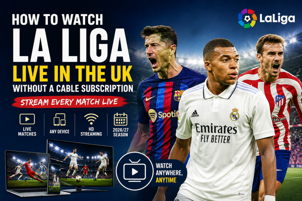 How to Watch La Liga Live in the UK Without a Cable Subscription If you are a football fan in the UK, you do not necessarily need a traditional cable or satellite TV package to follow La Liga. The 2026/27 Spanish top-flight season is already underway, and there are now streaming-based ways to watch matches without committing to a conventional television contract. La Liga remains one of the biggest football competitions in Europe, featuring clubs such as Real Madrid, Barcelona and Atlético Madrid alongside a wide range of historic Spanish teams. The 2026/27 campaign began in August 2026 and is scheduled to run through May 2027. For UK viewers, the current broadcasting arrangement is particularly useful for cord-cutters. La Liga's official UK rights agreement names Premier Sports as the primary broadcaster, with more than 340 live matches per season, while Disney+ has an arrangement covering late Saturday La Liga fixtures. The agreements run through the end of the 2027/28 season. In this guide, we will explain how to watch La Liga live in the UK without a traditional cable subscription, what legitimate options are available, how streaming works on different devices, what to look for before subscribing, and how to avoid questionable services. Can You Watch La Liga Live in the UK Without Cable? Yes. You can watch La Liga in the UK without taking a traditional cable or satellite television package. The biggest change for football viewers is the growth of direct-to-consumer streaming. Instead of paying for a large television bundle containing dozens of channels you may never watch, you can choose a streaming service that provides the sports coverage you actually want. For La Liga fans, the main considerations are: Which service has the match you want to watch Whether the service offers monthly or annual subscriptions Whether you can watch through your preferred device Whether the package includes other sports you follow Whether the service has a minimum contract period Whether the match is included in your particular subscription The most important point is that broadcasting rights can change. A website published several years ago may list a broadcaster that is no longer the current UK rights holder. For that reason, it is sensible to check La Liga's official UK broadcaster information before subscribing. Where Can You Watch La Liga Live in the UK? For the 2026/27 season, UK viewers have two particularly important official options: Premier Sports and Disney+. Premier Sports Premier Sports is the primary La Liga broadcast partner in the UK and Ireland under the current agreement. La Liga says the partnership provides more than 340 live top-flight matches per season. Premier Sports distributes its coverage through several platforms, including its own streaming service and selected television and streaming platforms. Its official La Liga page provides information about current coverage and availability. For fans who want to follow La Liga regularly, this is the option to investigate first because it carries the majority of the league's live fixtures. Premier Sports La Liga coverage Disney+ Disney+ also has La Liga coverage in the UK and Ireland. Under its current agreement, Disney+ carries a late Saturday La Liga fixture each week. The partnership began with the 2025/26 season and is part of a three-year agreement. This makes Disney+ particularly interesting for viewers who already subscribe to the service for its wider entertainment catalogue and also want access to selected live Spanish football. Disney+ UK La Liga information However, Disney+ should not be viewed as a replacement for the full La Liga schedule. If you want the broadest possible coverage, check Premier Sports and the official La Liga broadcaster information for the specific fixtures you want to watch. Best Ways to Watch La Liga Without a Traditional TV Contract There are several approaches depending on how much football you watch. Option 1: Subscribe to Premier Sports For someone who wants to watch La Liga regularly, Premier Sports is the most obvious place to start. The service offers La Liga coverage through its streaming offering, meaning you do not necessarily need to take a traditional television package simply to access the competition. Premier Sports currently lists several subscription routes and distribution options. Pricing and package structures can change, so check the provider's current UK subscription page before purchasing. Best for: Regular La Liga viewers who want access to a large proportion of the season. Option 2: Use Disney+ for Selected Saturday Matches If you are mainly interested in watching a selected La Liga fixture each weekend, Disney+ may be another option. The current agreement gives Disney+ exclusive UK and Ireland coverage of late Saturday La Liga fixtures. The advantage is that you can combine football viewing with Disney+'s wider entertainment catalogue. Best for: Viewers who already use Disney+ or mainly want the selected Saturday fixture. Option 3: Choose a Flexible Streaming Subscription Streaming can be useful if you do not want a long-term television contract. Before subscribing, look at the cancellation terms carefully. Some packages may be month-to-month, while others can have minimum terms or annual billing. Do not choose a service based solely on the cheapest advertised price. Check: What La Liga matches are included Contract length Cancellation terms Supported devices Video quality Simultaneous streams Whether the subscription is available in the UK Option 4: Watch Through an Official App Many modern streaming services allow subscribers to watch through an app rather than a traditional television channel. This means you can potentially watch from: Smart TVs Streaming devices Smartphones Tablets Laptops Desktop computers The exact features depend on the provider and subscription plan. How Much Does It Cost to Watch La Liga in the UK? The cost depends on the provider, package and billing method. For example, Disney+'s current UK pricing page lists its Standard with Ads plan at £5.99 per month and Standard at £9.99 per month, although plans and prices can change. Disney+ also states that it does not currently offer a standard free trial. Premier Sports has different subscription routes and pricing depending on the platform and contract selected. Its published information includes monthly and annual options. Rather than choosing purely based on price, compare the overall value: Viewing Option Main Benefit Best For Premier Sports Broad La Liga coverage Regular La Liga fans Disney+ Selected Saturday La Liga coverage plus entertainment Casual viewers and existing subscribers Traditional TV package Sports and other channels in one package Households wanting a broader TV bundle Official streaming apps Flexible device access Cord-cutters Always check the provider's current price before subscribing because subscription fees and package structures can change. How to Watch La Liga Live on Different Devices One of the biggest advantages of streaming is the ability to watch football on more than just a conventional television. Smart TV If your Smart TV supports the relevant official streaming application, you can generally: Open the TV's app store. Search for the official streaming service. Install the application. Sign in to your subscription. Find the La Liga section or live fixture. Start watching when the match begins. The exact process varies between television manufacturers. Amazon Fire TV and Other Streaming Devices Streaming devices can turn a compatible television into a connected entertainment system. If the official provider supports your device, install its official application and sign in with the account associated with your subscription. Avoid installing unknown applications that promise access to large numbers of premium sports channels without clear licensing information. Android Phones and Tablets Football fans can use compatible official applications to watch while away from the television. Before streaming over mobile data, remember that live HD video can consume a significant amount of data. A reliable Wi-Fi connection is usually preferable for longer matches. iPhone and iPad iOS users can check the App Store for the official application provided by their subscribed service. Once installed, sign in using the relevant account and check the provider's La Liga schedule. Laptop and Desktop A computer can be one of the simplest ways to stream football. Visit the official website of the service you subscribe to, sign in, and select the available La Liga match. A modern browser and stable internet connection should generally be sufficient for standard streaming. How to Watch Real Madrid and Barcelona in the UK Real Madrid and Barcelona attract enormous international audiences, making their La Liga fixtures some of the most searched-for football matches every season. The important thing to remember is that the broadcaster can vary depending on the fixture and current rights arrangement. Watching Real Madrid Real Madrid's La Liga fixtures can be checked through the official La Liga schedule and the current UK broadcaster listings. For example, the 2026/27 schedule includes Real Madrid against Real Sociedad on August 26, 2026. Before matchday, check the current listing to confirm where the fixture is being shown. Watching Barcelona Barcelona's fixtures can similarly be checked through La Liga's official schedule. The 2026/27 opening schedule includes Barcelona against Athletic Club on August 27, 2026, following a rescheduling of the fixture. Because fixture dates and broadcasting arrangements can change, checking the official schedule close to matchday is a good habit. Other La Liga Teams to Watch La Liga is much more than Real Madrid and Barcelona. Football fans can also follow teams such as: Atlético Madrid Athletic Club Villarreal Real Betis Valencia Sevilla Real Sociedad Celta Getafe The league's 2026/27 season features 20 clubs competing across the campaign, with the full fixture calendar available through La Liga's official website. How to Find the La Liga Schedule in the UK The safest way to check upcoming fixtures is through official La Liga information and then confirm the UK broadcaster separately. La Liga's official 2026/27 schedule was released in June 2026, with the campaign beginning in August. The schedule can be useful for checking: Match dates Kickoff times Home and away teams Matchday numbers Fixture changes Upcoming Real Madrid matches Upcoming Barcelona matches Atlético Madrid fixtures Keep in mind that football schedules can change because of competition requirements, broadcasting decisions and other circumstances. La Liga itself recommends checking its official information regularly for changes. What Internet Speed Do You Need for La Liga Streaming? A fast internet connection is helpful, but speed is not the only factor that affects streaming quality. A stable connection can be more important than simply having a high advertised download speed. For a better viewing experience: Use a reliable broadband connection. Connect your television or streaming device to a strong Wi-Fi network. Use Ethernet where practical. Avoid large downloads while watching. Keep your streaming application updated. Restart your router if your connection becomes unusually unstable. Reduce video quality if your connection cannot maintain the selected resolution. If several people are using the same connection at once, available bandwidth can also be reduced. For important matches such as El Clásico, testing your connection beforehand is better than waiting until kickoff. Can You Watch La Liga on a VPN in the UK? A VPN is primarily a privacy and network-routing tool. However, using one to circumvent a streaming provider's geographic restrictions can violate that provider's terms. If you are watching La Liga in the UK, the simplest approach is to use the broadcaster that officially provides UK rights. If you travel abroad and want to access a subscription you already have, check the provider's rules regarding access while travelling. Do not assume that a VPN automatically gives you permission to access content from another territory. Is IPTV Legal for Watching La Liga in the UK? IPTV itself is simply a method of delivering television and video content over an internet connection. The important question is whether the service has the necessary rights to distribute the content it offers. There is a major difference between an authorized streaming service and an unauthorized service that redistributes premium sports channels without permission. Before subscribing to any service advertising live La Liga, check whether it clearly identifies: The company operating the service The content rights it holds Its terms and conditions A legitimate payment and customer-support system Clear information about the service and subscription Be particularly cautious about services making unrealistic promises, such as offering virtually every premium sports channel for an unusually low price. A legitimate service should be transparent about what it provides and under what rights. For UK viewers, using the official broadcaster or an authorized distribution partner is the safest approach. La Liga Streaming vs Traditional Cable or Satellite TV Streaming and traditional television packages each have advantages. Feature Streaming Traditional TV Contract flexibility Often more flexible Can require longer commitments Device choice Usually broad Primarily TV-focused Installation Usually minimal May require equipment Internet required Yes Depends on service Portability High Lower Extra entertainment Depends on provider Often bundled Best for Cord-cutters Full TV-package households For someone who primarily wants Spanish football and already has a reliable internet connection, streaming can be more convenient. For a household that watches multiple sports competitions and television channels, a broader television package may still provide better overall value. Common Problems When Streaming La Liga Buffering or Poor Video Quality If your stream repeatedly buffers, check your internet connection first. Try moving your device closer to the router, using Ethernet, closing bandwidth-heavy applications, or lowering the video quality if the service allows it. The App Is Not Working on Your Smart TV Check whether your TV model and operating system are supported. Updating the application and TV software can also resolve compatibility problems. The Match Is Not Available Don't assume every La Liga match is available on every service. Check the official UK broadcaster listing for the particular fixture. The current rights arrangement splits coverage between Premier Sports and Disney+, so the service showing one match may not necessarily show another. Login or Subscription Problems Check that: Your subscription is active. You are using the correct account. Your payment has been processed. Your application is updated. The service supports your device. If the problem continues, contact the provider's official customer support. Regional Availability Issues Streaming rights are usually territory-specific. A service available in one country may not have the same football rights in the UK. This is another reason to check the official UK broadcaster rather than relying on old online guides. Frequently Asked Questions Can I watch La Liga live in the UK without Sky or cable TV? Yes. UK viewers can use official streaming options instead of taking a traditional cable or satellite package. Premier Sports is the primary UK La Liga broadcaster under the current agreement, while Disney+ carries selected late Saturday fixtures. What channel shows La Liga in the UK? Premier Sports is the main UK broadcaster for La Liga, with more than 340 live matches per season. Disney+ also has rights to selected late Saturday matches. Can I stream La Liga on my phone? Yes, where the relevant official broadcaster provides a compatible mobile application or web player. Check the provider's supported-device information before subscribing. Can I watch Real Madrid live in the UK? Yes, Real Madrid's La Liga fixtures are available through the current UK rights arrangement. Check the broadcaster listing for each individual fixture because coverage can vary. Can I watch Barcelona live in the UK? Yes. Barcelona's La Liga fixtures can be watched through the applicable official UK broadcaster. Check the fixture listing before matchday to confirm where the particular game is available. How much does La Liga streaming cost in the UK? It depends on the service and subscription package. Disney+'s current UK pricing page lists plans from £5.99 per month, while Premier Sports has separate subscription options and pricing depending on the chosen platform and contract. Can I watch La Liga on a Fire Stick? If the relevant official streaming provider supports the device and offers a compatible application, you can watch through it. Always install the official application rather than an unknown third-party streaming app. Is La Liga available in 4K? Video quality depends on the broadcaster, match, subscription package, device and internet connection. Check the provider's current specifications for the particular service rather than assuming every fixture is available in 4K. Is IPTV legal for watching La Liga in the UK? Internet Protocol Television is a delivery technology and can be completely legitimate. The key issue is whether the provider has authorization to distribute the content. Use official broadcasters and authorized services for La Liga. Can I watch La Liga without a long-term contract? Some streaming services offer flexible subscription arrangements, while others may have minimum terms. Always read the current subscription conditions before paying. What's the Best Way to Watch La Liga in the UK? For UK football fans who want to watch La Liga without a traditional cable or satellite subscription, streaming provides a practical alternative. Premier Sports is the main option to investigate if you want broad La Liga coverage, with the current rights agreement providing more than 340 live matches per season. Disney+ is another option for selected late Saturday fixtures, making it useful for viewers who already subscribe to the platform or mainly want its featured Saturday match. The best choice ultimately depends on how much La Liga you watch. Most importantly, check the current official broadcaster information before subscribing. Broadcasting rights can change, individual fixtures can move, and older articles can contain outdated information. For the 2026/27 season, the safest and simplest approach is to use an authorized UK broadcaster or streaming service and check the official La Liga schedule for the latest fixture information. Check the official La Liga UK broadcaster information