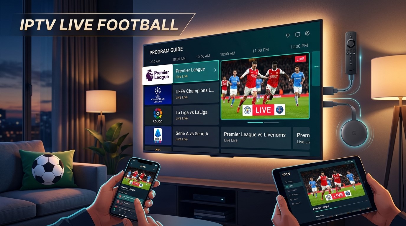 IPTV with Live Football – Watch Every Match Online Football fans have more ways to watch live matches than ever. Instead of relying exclusively on traditional cable or satellite packages, many viewers now use internet-based television services to access live sports on compatible TVs, streaming devices, phones and computers. IPTV with live football can be convenient because television content is delivered over an internet connection, allowing viewers to watch compatible sports channels on a range of devices. However, the channels and competitions available depend on the provider, your location and current broadcasting rights. Whether you want to follow Premier League fixtures, Champions League matches, La Liga, Serie A or international football, choosing the right service requires more than simply looking at the number of channels advertised. This guide explains how football IPTV works, what to look for in a service, how to watch matches on Firestick, Chromecast and Smart TV, how to reduce buffering, and what to know about football broadcasting rights. If you're researching an IPTV subscription, you can also explore the available options from Sky Glass IPTV Store and check its current device compatibility and content offering before choosing a plan. Important: IPTV is a technology used to deliver television over the internet. Whether a particular service can legally provide a specific football match depends on its licensing and broadcasting rights. Always use authorized services and applications. What Is IPTV with Live Football? What Is IPTV? IPTV stands for Internet Protocol Television. Unlike traditional cable or satellite television, IPTV delivers television programming through an internet connection. Depending on the service, IPTV can provide access to live television channels, sports, entertainment, news and other programming through compatible applications or devices. The viewing experience can vary considerably between providers. Some may offer dedicated applications, while others may support a web player or compatible IPTV player. What Does IPTV with Live Football Mean? IPTV with live football refers to an IPTV service or television package that includes sports channels carrying live football programming. This doesn't necessarily mean that one service provides every football competition or every match. Football broadcasting rights are divided between broadcasters and can vary significantly by country. For example, a service may carry channels showing certain Premier League matches but not necessarily every Champions League or La Liga fixture. That's why it's important to check the current channel lineup and broadcasting arrangements before subscribing. Why Are Football Fans Interested in IPTV? IPTV can appeal to football fans for several reasons: Internet-based viewing Support for multiple compatible devices Large-screen viewing Electronic Programme Guides (EPG) Access to sports-focused channels Flexible viewing locations Integration with Smart TVs and streaming devices For many viewers, the biggest advantage is being able to use a compatible service across the devices they already own. What Football Can You Watch With IPTV? The football available through IPTV depends on the provider's channel lineup and the broadcasting rights applicable in your country. Before choosing a service, identify the competitions you actually want to watch rather than assuming that every advertised sports package includes everything. Premier League The Premier League is one of the most popular football competitions among viewers searching for live football streaming. Depending on your country, different broadcasters may hold the rights to Premier League matches. Therefore, check which authorized sports channels are included with the service you're considering. If you're specifically interested in football-focused IPTV options, explore the available live football IPTV offering and verify the current channel lineup before subscribing. UEFA Champions League The UEFA Champions League attracts viewers from around the world, but its broadcasting rights differ between territories. If Champions League football is a priority, don't simply look for a service advertising "sports channels." Check whether it carries the authorized broadcaster or channel showing the competition in your region. You can also read our dedicated guide on Champions League live streaming for more information about watching Europe's premier club competition online. UEFA Europa League The Europa League is another major European competition with region-specific broadcasting arrangements. Availability can change between seasons, so viewers should check the current broadcaster and channel lineup rather than relying on outdated IPTV lists. La Liga Spanish football attracts a global audience, with clubs and matches generating strong international interest. If you follow La Liga, check whether the sports channels included with your chosen service carry the relevant broadcasts in your country. Serie A Italian Serie A is another popular competition among football fans. As with other leagues, the availability of matches depends on regional broadcasting agreements. A service that carries Serie A channels in one country may not provide the same coverage elsewhere. Bundesliga The Bundesliga provides another major European football option. When comparing IPTV services, check the actual sports channels and competitions available rather than judging a service only by its total channel count. FA Cup and Domestic Competitions Football fans may also want access to domestic cup competitions, including the FA Cup and other national competitions. Broadcasting arrangements can differ from those used for league football, so it's worth checking each competition separately. International Football Depending on the season, football fans may also look for: FIFA World Cup matches European Championship matches International friendlies World Cup qualifiers European qualifiers National-team competitions Again, availability depends on current rights and your location. How to Choose the Best IPTV for Live Football Choosing an IPTV service for football requires more research than simply selecting the package with the most channels. Here are the factors worth checking. Check Football Channel Availability First, determine whether the service actually carries the channels you need. If you mainly watch Premier League football, check for the relevant broadcaster. If you're more interested in Champions League or Spanish football, look for the channels responsible for those competitions in your region. A large channel count doesn't automatically mean better football coverage. Check Streaming Quality Picture quality is particularly important when watching football. Look for appropriate support for: SD HD Full HD 4K However, remember that advertised resolution doesn't guarantee that every channel will be available at that quality. Actual quality can depend on the original broadcast, encoding, internet connection, device and provider. Look for Stable Streaming Nobody wants a stream to stop during an important goal. Streaming stability can depend on several factors, including: Your internet connection Wi-Fi quality Router performance Network congestion Streaming device Provider infrastructure Be cautious about absolute claims such as "zero buffering." No internet-based service can guarantee perfect playback under every network condition. Check Device Compatibility Before subscribing, make sure the service works with your preferred device. Common options include: Smart TVs Firestick Google TV Chromecast Android TV Android phones iPhone and iPad Windows computers Mac computers If you plan to watch football through Chromecast, our guide on IPTV on Chromecast explains how compatible IPTV content can be cast to a TV. Look for an Electronic Programme Guide An EPG, or Electronic Programme Guide, can make watching football considerably easier. Instead of searching through dozens or hundreds of channels, you can use the guide to identify: Match times Sports channels Upcoming fixtures Current programmes Football broadcasts This is especially useful on busy match days when several games are taking place. Consider Customer Support Good customer support can be valuable when you're trying to watch a major match. Before subscribing, check whether the provider clearly explains how customers can receive technical assistance and whether setup instructions are available. Compare Pricing and Subscription Options Price should be considered alongside what you're actually receiving. Compare: Subscription duration Available channels Sports coverage Supported devices Streaming quality Customer support Trial options, if offered The cheapest option isn't necessarily the best choice, and the most expensive option isn't automatically the best either. Check Legal and Licensing Information This is one of the most important considerations. IPTV technology itself is legal. The issue is whether a provider has permission to distribute the television channels and football broadcasts it offers. Always check the provider's terms and make sure you're using an authorized service for the content you want to watch. How to Watch Live Football With IPTV Once you've selected an authorized service, the basic process is generally straightforward. Step 1: Choose an Authorized IPTV Service Start by identifying a service that offers the football channels and competitions you're interested in. Check its current channel lineup and regional availability. Step 2: Choose Your Viewing Device Decide where you want to watch. For example: Smart TV for direct large-screen viewing Firestick for a dedicated streaming device Chromecast for supported casting Android TV for an app-based experience Smartphone for portable viewing Computer for web-based viewing Step 3: Install the Supported Application Use the provider's official instructions and trusted application sources whenever available. Avoid downloading unknown applications or APK files from suspicious websites simply because they promise access to premium sports content. Step 4: Sign In Enter your authorized account information according to the provider's setup instructions. The exact login process can vary between services. Step 5: Find the Football Channel Open the Sports or Football section. If the service provides an EPG, use it to find the relevant match and channel. Step 6: Watch the Match Select the authorized channel carrying the match and start watching. For major fixtures, it's a good idea to test your setup before kickoff rather than waiting until the last minute. Best Devices for Watching IPTV with Live Football Your preferred device can significantly affect your viewing experience. Smart TV A Smart TV can be one of the simplest options because you can potentially use a compatible application directly on the television. The exact application support depends on the TV operating system and IPTV provider. Amazon Firestick / Fire TV Firestick is popular because it turns a compatible television into a streaming-focused setup with a dedicated remote. For football fans, it can be convenient to open a supported application and navigate through sports channels directly on the TV. Before subscribing, check the provider's Firestick compatibility. If you're specifically interested in this setup, you can explore information about IPTV for Firestick on the relevant Sky Glass IPTV Store page. Chromecast / Google TV Chromecast can be useful when you prefer casting compatible content from a phone, tablet or computer. Google TV-based Chromecast devices can provide additional functionality through their TV interface and supported applications. Our IPTV on Chromecast guide covers the setup and troubleshooting process in more detail. Android TV Android TV provides a television-focused interface with support for compatible applications. It can be particularly convenient for viewers who want to browse channels using a remote rather than constantly casting from their phone. Smartphone and Tablet Phones and tablets provide portability. You can potentially watch compatible football programming away from your main TV, provided your service, application and internet connection support the setup. Laptop and Desktop Computers can be useful when an authorized provider offers a web player. A larger monitor can provide a better experience than a phone, particularly when watching with friends. IPTV with Live Football on Firestick Firestick is a popular choice for people who want to watch internet-based television on their TV. Why Firestick Is Popular for Football Streaming A Firestick provides: Dedicated remote control TV-focused interface Compact hardware Support for compatible applications Easy connection to compatible TVs For football fans, the main advantage is convenience. Once the appropriate application is configured, you can navigate through supported sports channels using the remote. Basic Firestick Setup A typical setup involves: Connect the Firestick to your TV. Connect it to your Wi-Fi network. Complete the device setup. Install the supported application from an official or trusted source. Sign in to your authorized service. Open the Sports or Football section. Select the relevant channel. The exact process depends on the IPTV provider and application. What to Check Before Subscribing Before choosing a service for Firestick football streaming, check: Firestick compatibility Supported application Football channel availability Picture quality Subscription options Customer support Current broadcasting rights IPTV with Live Football on Chromecast Chromecast can be another useful option for football fans. If your IPTV application supports Chromecast, you can generally connect your phone and Chromecast to the same Wi-Fi network, open the application and select the Cast option. You can then choose the Chromecast device and display compatible live football content on your television. Keep in mind that not every IPTV application supports Chromecast. If you're using Chromecast with Google TV, your available options may be different because compatible applications can potentially be installed directly on the device. For a complete walkthrough, see our guide to IPTV on Chromecast. How to Get the Best Football Streaming Quality Even a good IPTV service can perform poorly if your home network isn't configured properly. Use a Stable Internet Connection A stable connection is essential for live football. The connection needs to continuously deliver the required stream data without significant interruptions. Use Ethernet When Available If your streaming device supports Ethernet, a wired connection can provide more consistent connectivity than Wi-Fi in some home environments. This can be particularly useful for TVs located far from the router. Reduce Network Congestion If several people are simultaneously streaming video, downloading large files or playing online games, your available bandwidth may be reduced. Before an important match, consider minimizing unnecessary network activity. Choose an Appropriate Resolution Higher resolution generally requires more bandwidth. HD or Full HD can provide a good viewing experience for many users, while 4K requires compatible content, hardware and sufficient bandwidth. Keep Your Streaming Device Updated Make sure your device and supported applications are kept reasonably up to date. Software updates can include bug fixes and compatibility improvements. Test Before Kickoff Don't wait until the match starts to discover a problem. Open the relevant channel several minutes before kickoff and confirm that: Video works Audio works The correct channel is playing Your internet connection is stable Your streaming device is functioning correctly What Internet Speed Do You Need for Live Football IPTV? There isn't one universal internet-speed requirement for IPTV football streaming. The amount of bandwidth required depends on the stream's resolution, bitrate and encoding. As a general principle: SD requires less bandwidth. HD requires more. Full HD requires more than standard HD. 4K generally requires substantially more bandwidth. But download speed isn't the only consideration. Your experience can also depend on: Wi-Fi signal strength Router quality Distance from the router Number of connected devices Network congestion Streaming device Provider infrastructure A stable connection is often more important than simply having a high advertised internet speed. What Internet Speed Is Best for IPTV Football Streaming? For comfortable football streaming, use a reliable broadband connection that can consistently handle the resolution you're watching while other household devices aren't consuming excessive bandwidth. If you experience buffering despite having a fast connection, investigate Wi-Fi stability, router performance and network congestion before assuming the IPTV service is responsible. Common Problems When Watching Football on IPTV Live football can be particularly frustrating when technical problems appear at the worst possible moment. Here are some common issues and potential solutions. Buffering During a Match Buffering may be caused by: Weak Wi-Fi Network congestion Router issues High stream quality Provider-side problems Too many connected devices Try restarting your router and streaming device and checking your network connection. Football Channel Not Available If a particular match isn't available, don't immediately assume there's a technical problem. The provider may not carry the broadcaster responsible for that match. Broadcasting rights can also differ by country. Check the provider's current channel lineup and the broadcaster for your region. Poor Picture Quality Check: Stream resolution Internet stability Device capabilities TV settings Network congestion Remember that the streaming device can't improve the source quality beyond what the service provides. IPTV App Crashes Try: Closing and reopening the application. Restarting your device. Checking for updates. Checking available storage. Reinstalling the application if appropriate. If the problem affects only one application, consult its official support information. Match Has Not Started on the Listed Channel Check the fixture's official kickoff time and your local time zone. EPG information can occasionally be outdated or incorrect, so compare important fixtures with an official competition or broadcaster schedule. Audio and Video Are Out of Sync Try restarting playback or reopening the application. You should also check for application and device updates. If the issue happens only on one channel, it may be related to the source stream rather than your TV. Can IPTV Replace Cable for Football Fans? Whether IPTV can replace cable depends on your viewing habits, internet connection and the football coverage available in your region. Feature IPTV Cable/Satellite Internet required Yes Usually no Device flexibility Often high More limited Live sports Provider-dependent Package-dependent EPG Often available Usually available Mobility High Lower Installation Internet/app-based Traditional installation When IPTV May Be Better IPTV may suit you if: You already have reliable broadband. You prefer internet-based television. You use multiple compatible devices. You want a flexible viewing setup. You prefer streaming through Smart TVs or dedicated devices. When Traditional TV May Be Better Cable or satellite can still make sense if: You prefer a conventional television package. Your internet connection is unreliable. Your preferred football broadcaster is already included. You don't want to manage applications or internet-based streaming. The best option ultimately depends on your requirements. Why Choose Sky Glass IPTV Store for Live Football? If you're researching an IPTV subscription for live TV and sports, Sky Glass IPTV Store can be one of the services worth investigating. Rather than choosing a service based solely on its advertised channel count, check the current offering and determine whether it matches the competitions and devices you actually use. Potential areas to evaluate include: Live TV availability Sports channels Football programming Supported devices Subscription options Customer support Trial availability, where currently offered Explore Live Sports Channels Football fans should check the current sports lineup before subscribing. If a particular competition is important to you, verify that the relevant authorized broadcaster or channel is included for your location. Watch on Supported Devices If you plan to watch football on a Smart TV, Firestick, Android TV, Chromecast or another device, confirm that your specific setup is supported. Compatibility can vary between applications and device models. Choose a Package That Fits Your Viewing Needs Don't automatically select the longest or most expensive subscription. Instead, compare the available packages based on: Sports coverage Device support Subscription duration Available features Customer support Current pricing You can explore the available IPTV subscription options from Sky Glass IPTV Store and verify the current service details before making a decision. Is IPTV with Live Football Legal? This is an important question for anyone considering IPTV. IPTV technology itself is legal. It is simply a method of delivering television content over the internet. The legal issue concerns the content being distributed. A provider needs appropriate authorization to distribute copyrighted television channels and football broadcasts. Sports rights are often sold on a territory-by-territory basis, meaning that the same competition can have different broadcasters in different countries. When choosing an IPTV service: Check the provider's terms. Verify its current channel offering. Check whether it is authorized to distribute the content. Use official applications where possible. Consider the broadcasting rules applicable in your country. Don't assume that a service is authorized simply because it advertises a particular football competition. Frequently Asked Questions Can I watch live football with IPTV? Yes, authorized IPTV or streaming services can provide access to live football when they have the appropriate broadcasting rights. The competitions and channels available depend on the provider and your location. What is the best IPTV for live football? The best option depends on the football competitions you follow, your location, preferred device, streaming quality requirements and the provider's authorized channel lineup. Rather than choosing based on channel count alone, check whether the service carries the specific broadcasters you need. Can I watch the Premier League with IPTV? You can watch Premier League matches through an IPTV or streaming service when it carries the authorized broadcaster for your region. Check the current rights and channel lineup before subscribing. Can I watch the Champions League with IPTV? Champions League availability depends on the broadcaster holding rights in your country. If you're looking for Champions League coverage, verify that the service includes the appropriate authorized channel. You can also read our dedicated Champions League live streaming guide for additional information. Can I watch football IPTV on Firestick? Yes, if your authorized IPTV service and its supported application are compatible with Firestick. The setup generally involves connecting the device to Wi-Fi, installing the supported application and signing in. Can I watch IPTV football on Smart TV? Yes, provided your IPTV provider supports your Smart TV's operating system and provides a compatible application or viewing method. Always check compatibility for your specific TV model. Can I watch football IPTV on Chromecast? Yes, compatible IPTV applications can potentially cast live football content to Chromecast. Both devices generally need to be connected to the same Wi-Fi network. Not every IPTV application supports Chromecast, so check compatibility first. Does IPTV include every football match? No. No single IPTV service should automatically be assumed to carry every football match. Availability depends on broadcasting rights, region, provider agreements and the specific channels included in the service. What internet speed do I need for football IPTV? The required speed depends on video resolution and bitrate. HD requires less bandwidth than 4K, for example. A stable connection is also important. If several devices are using your network simultaneously, your available bandwidth may be reduced. Why does football IPTV buffer? Buffering can result from weak Wi-Fi, network congestion, router problems, device issues or provider-side problems. Try checking your network, restarting your equipment and reducing other network activity before the match. Ready to Watch Live Football Online? Looking for a reliable way to enjoy live football on your preferred device? Explore the latest IPTV subscription options from Sky Glass IPTV Store, check the available sports channels and choose a package that fits your viewing needs. Watch live TV and football your way - explore Sky Glass IPTV Store today